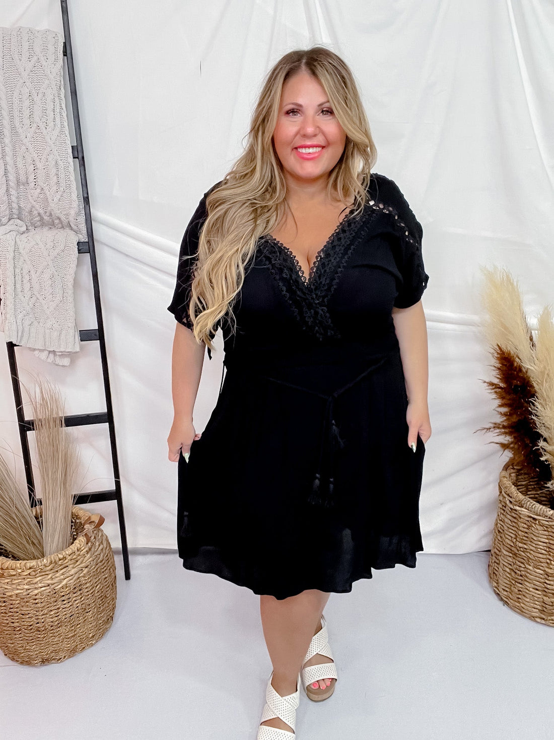 Black Lace Trim Short Sleeve Dress - Whiskey Skies - DAVI & DANI