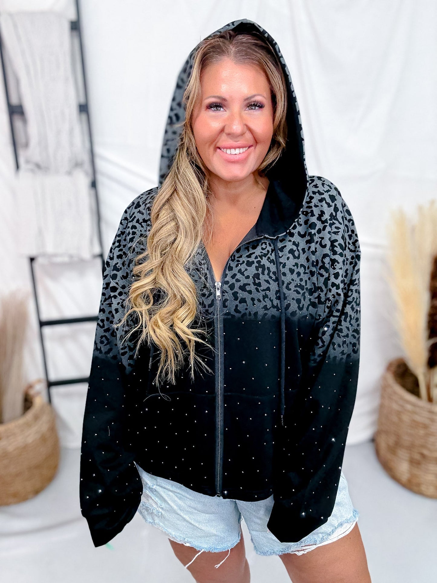 Black Leopard Print Gradient Effect Zip Up Hoodie - Whiskey Skies - DAVI & DANI