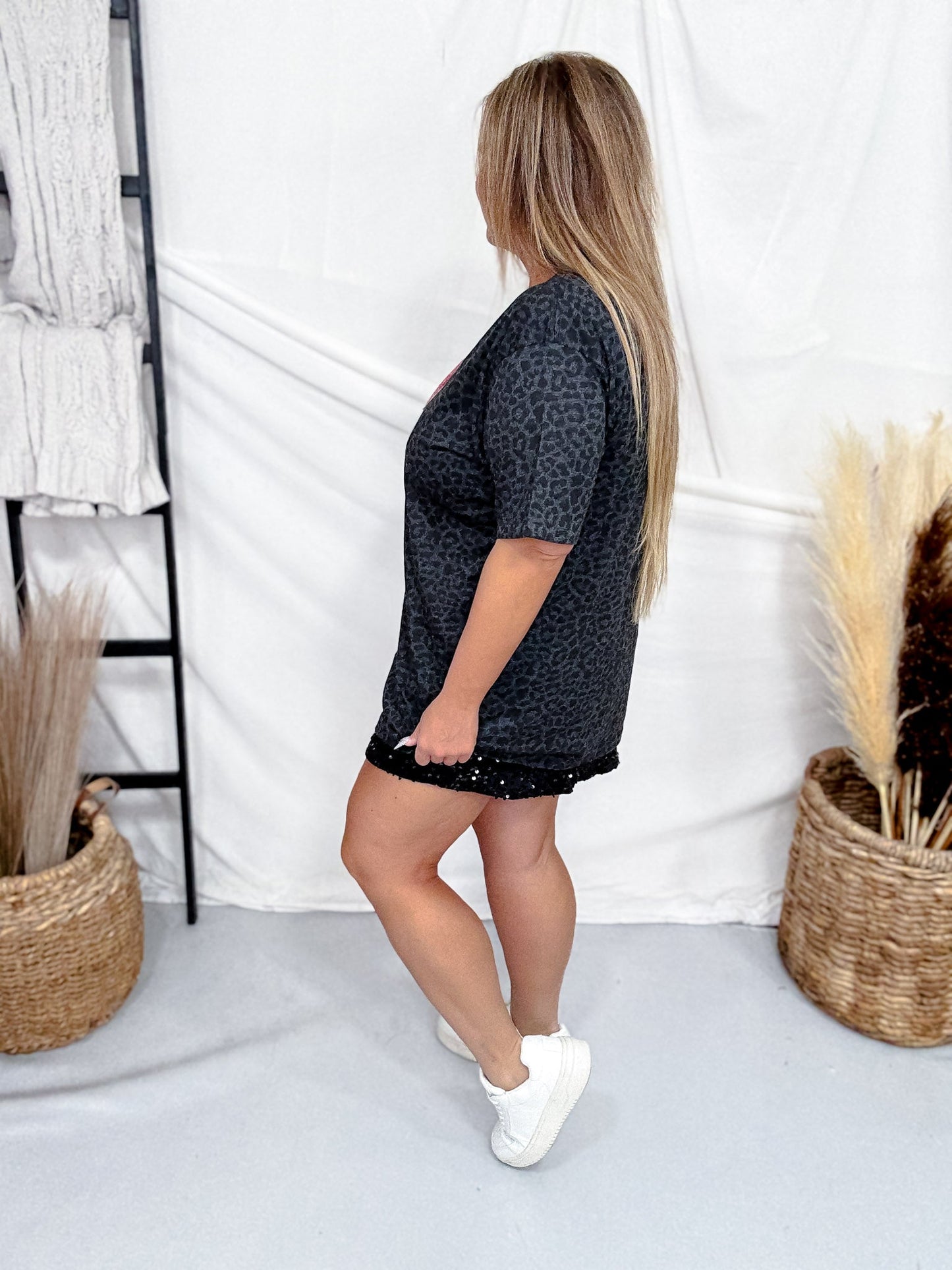 Black Leopard Print Tee With Sequin Heart Appliques - Whiskey Skies - SOUTHERN BELLE