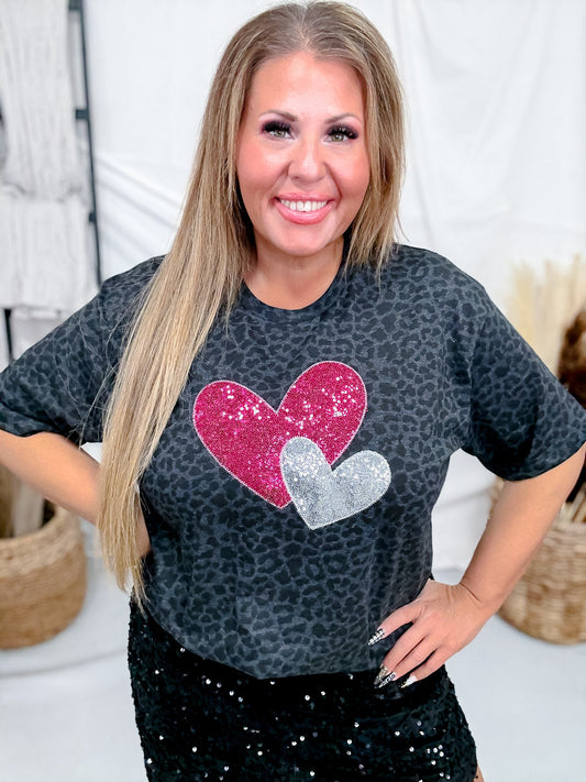 Black Leopard Print Tee With Sequin Heart Appliques - Whiskey Skies - SOUTHERN BELLE