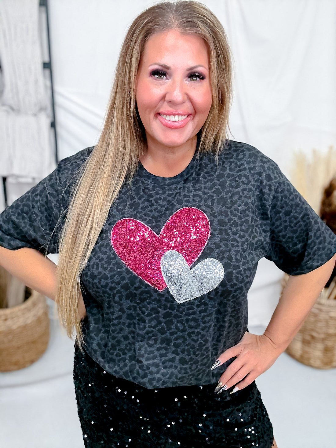 Black Leopard Print Tee With Sequin Heart Appliques - Whiskey Skies - SOUTHERN BELLE