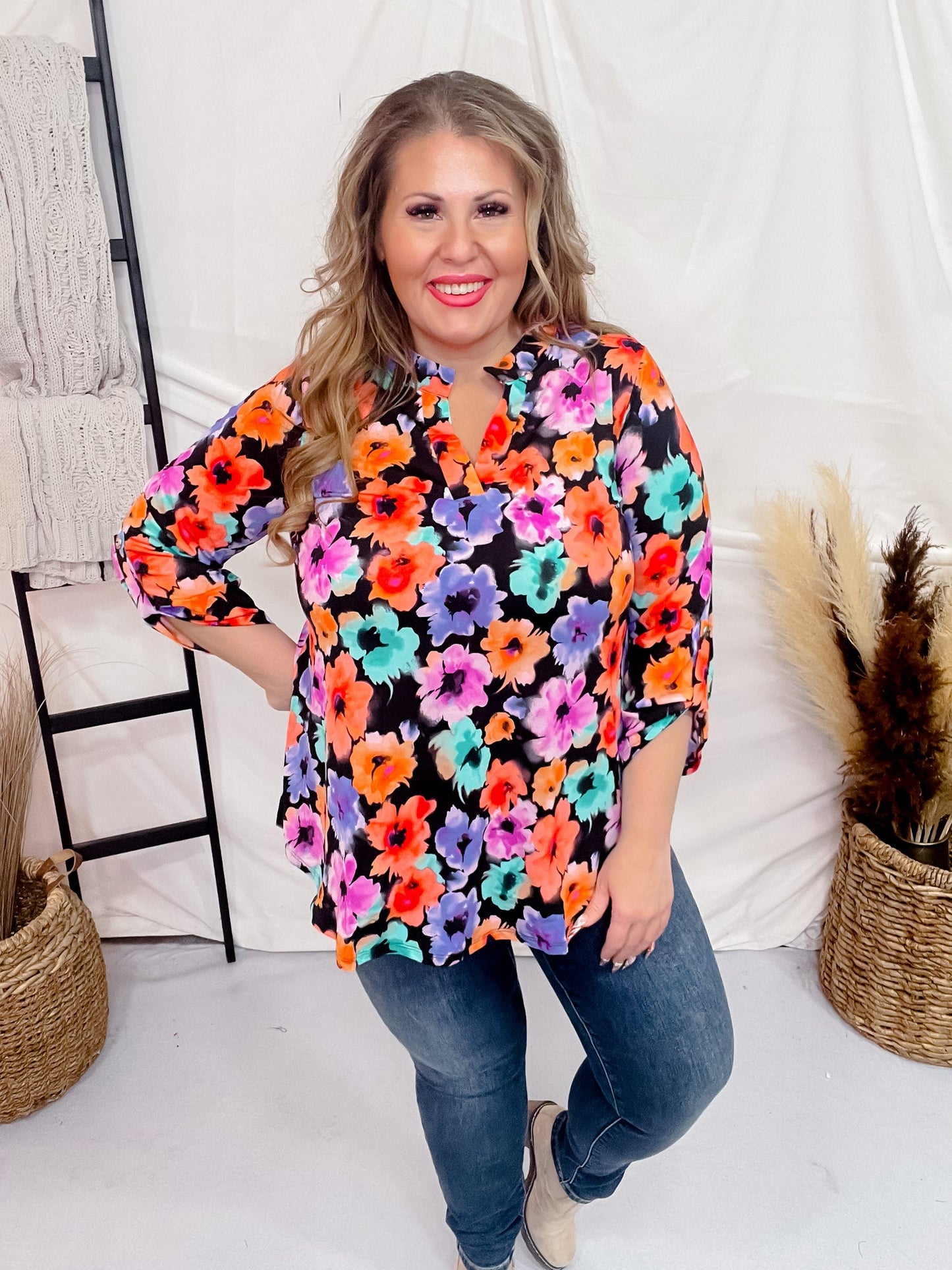 Black Lizzy Top with Bright Floral Pattern - Whiskey Skies - DEAR SCARLETT