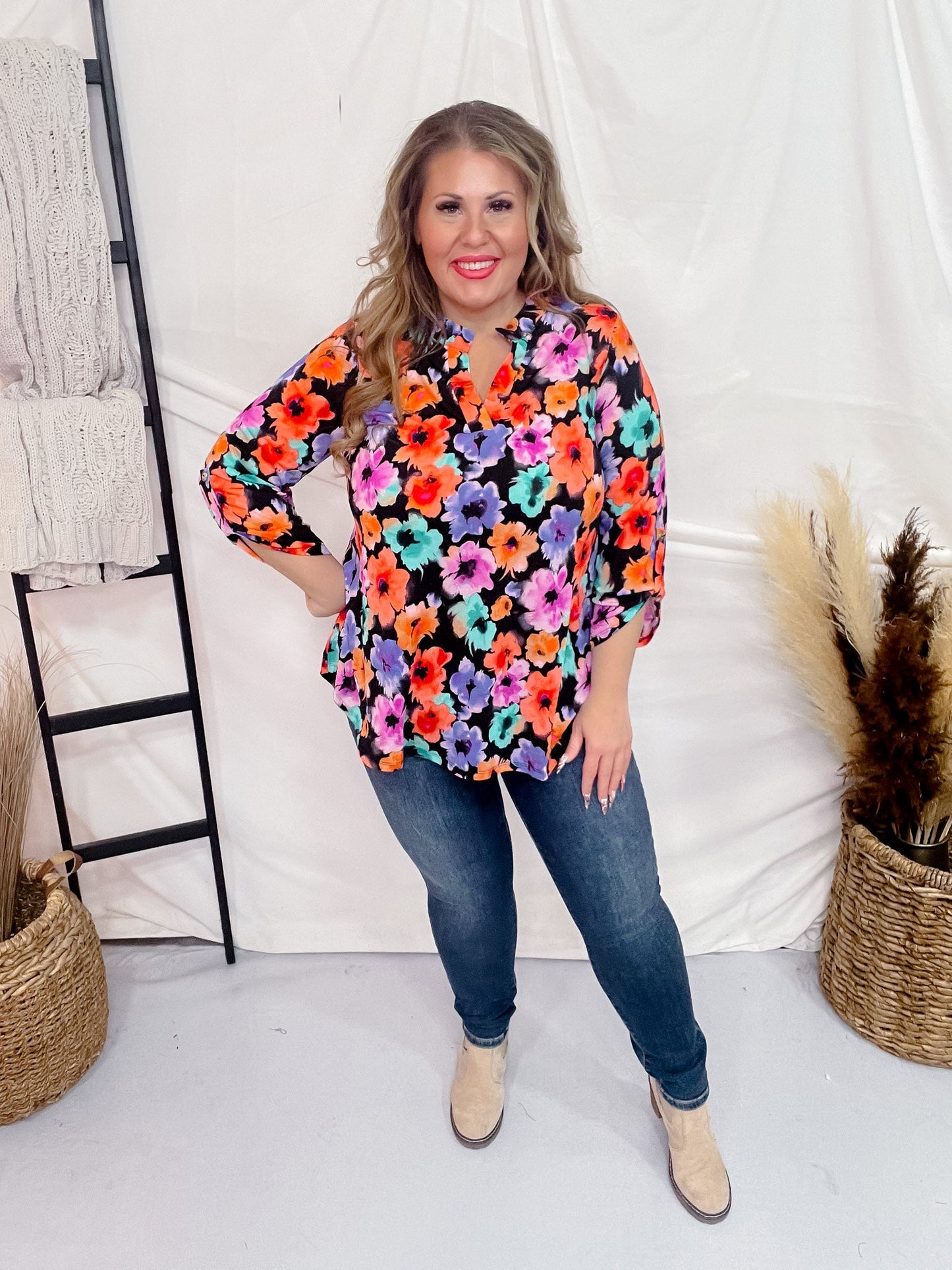 Black Lizzy Top with Bright Floral Pattern - Whiskey Skies - DEAR SCARLETT