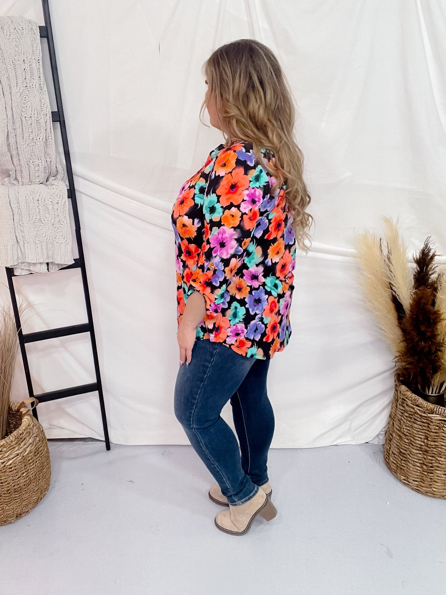 Black Lizzy Top with Bright Floral Pattern - Whiskey Skies - DEAR SCARLETT