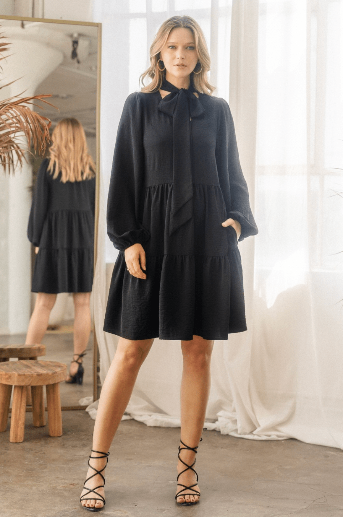 Black Long Sleeve Airflow Tired Dress - Whiskey Skies - ODDI