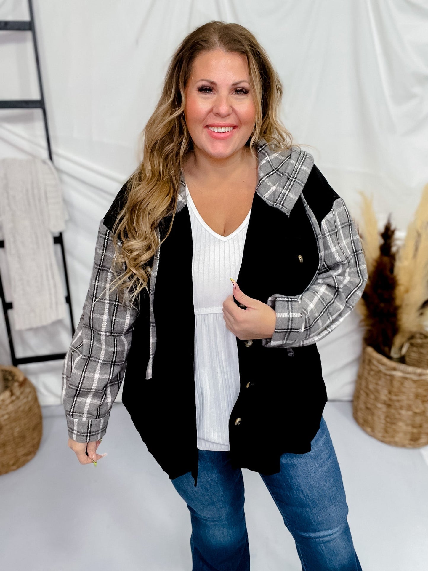 Black Long Sleeve Button Front Hooded Shacket - Whiskey Skies - WHITE BIRCH