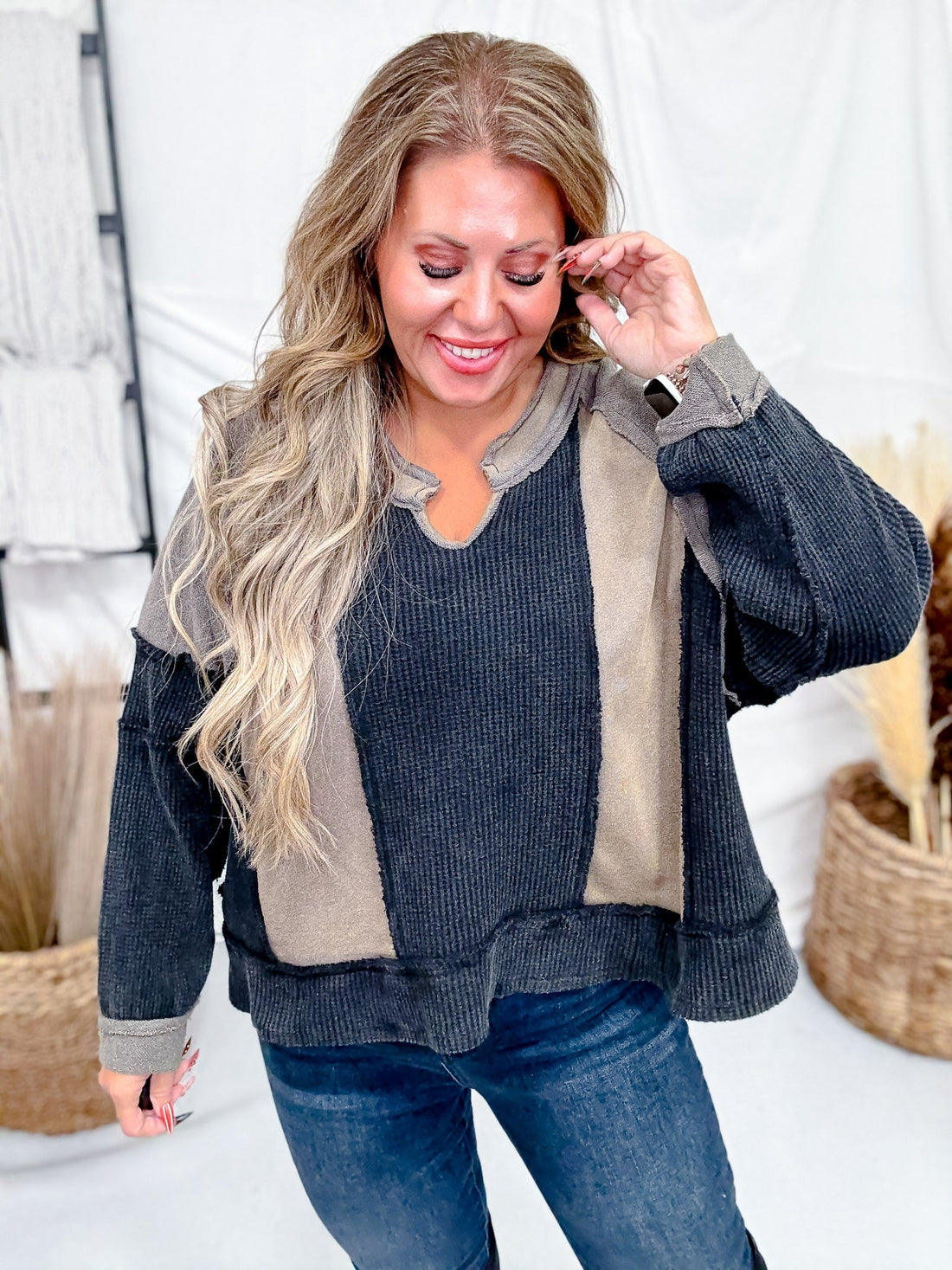 Black Long Sleeve Contrasting Top With Frayed Edge Details - Whiskey Skies - POL CLOTHING INC.