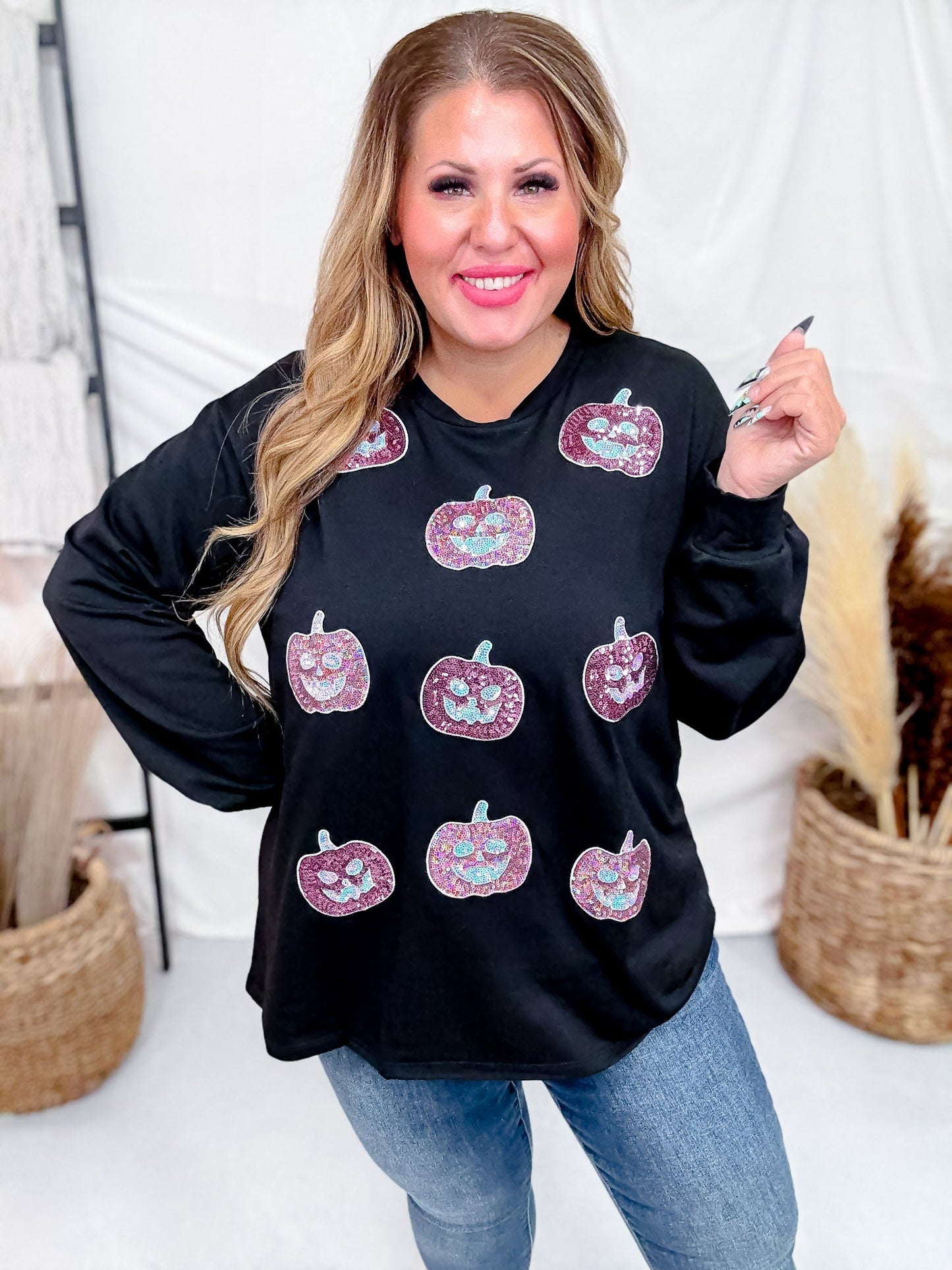 Black Long Sleeve Crew Neck Top W/ Glittery Pumpkin Patches - Whiskey Skies - SOUTHERN GRACE