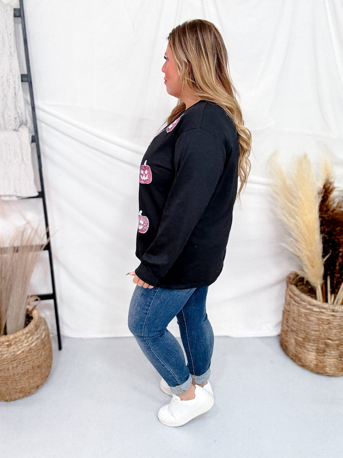 Black Long Sleeve Crew Neck Top W/ Glittery Pumpkin Patches - Whiskey Skies - SOUTHERN GRACE
