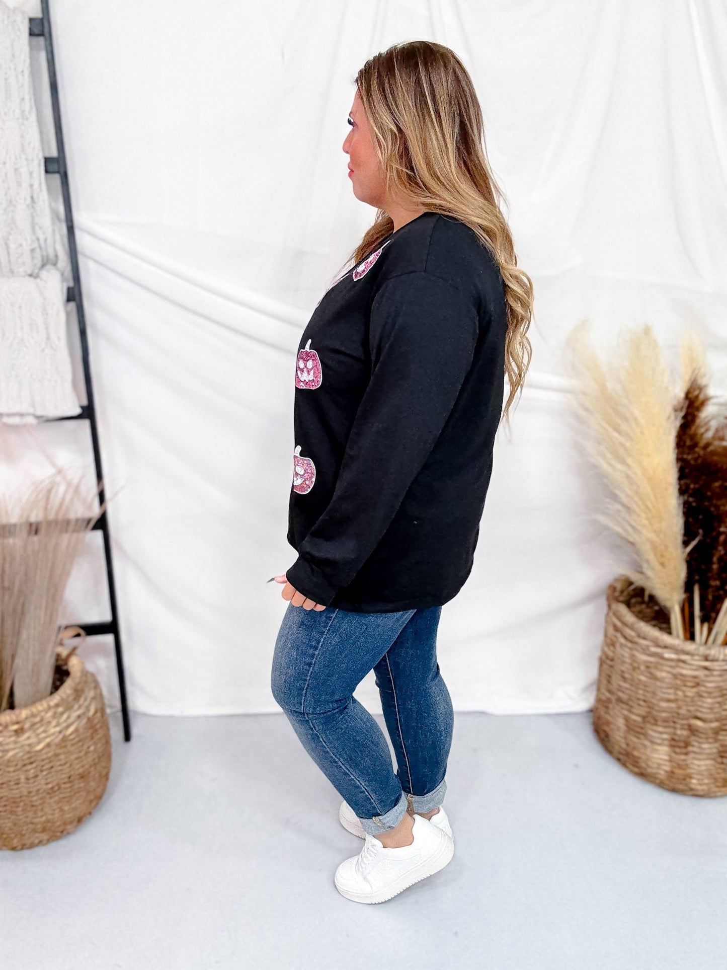 Black Long Sleeve Crew Neck Top W/ Glittery Pumpkin Patches - Whiskey Skies - SOUTHERN GRACE