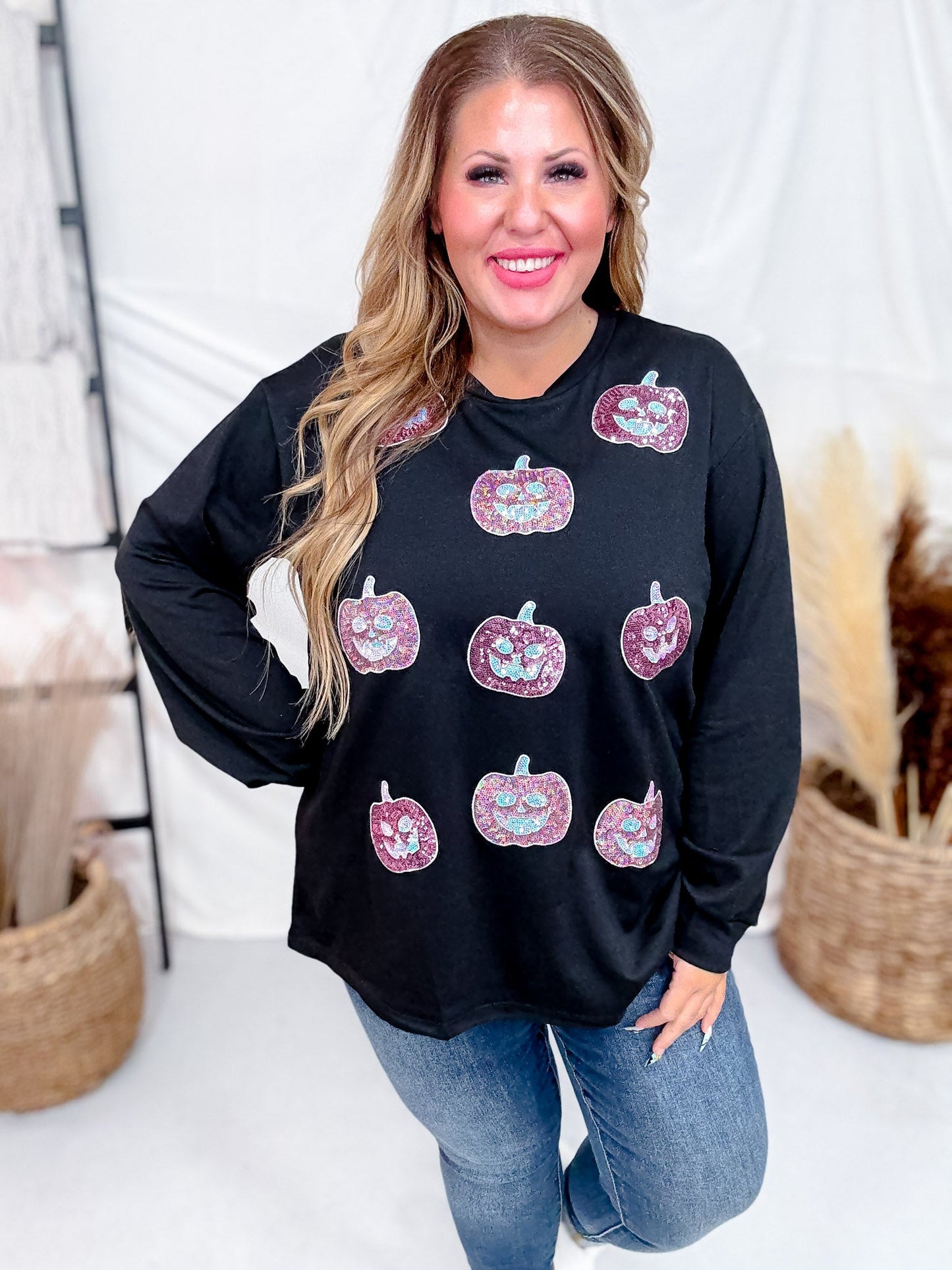 Black Long Sleeve Crew Neck Top W/ Glittery Pumpkin Patches - Whiskey Skies - SOUTHERN GRACE