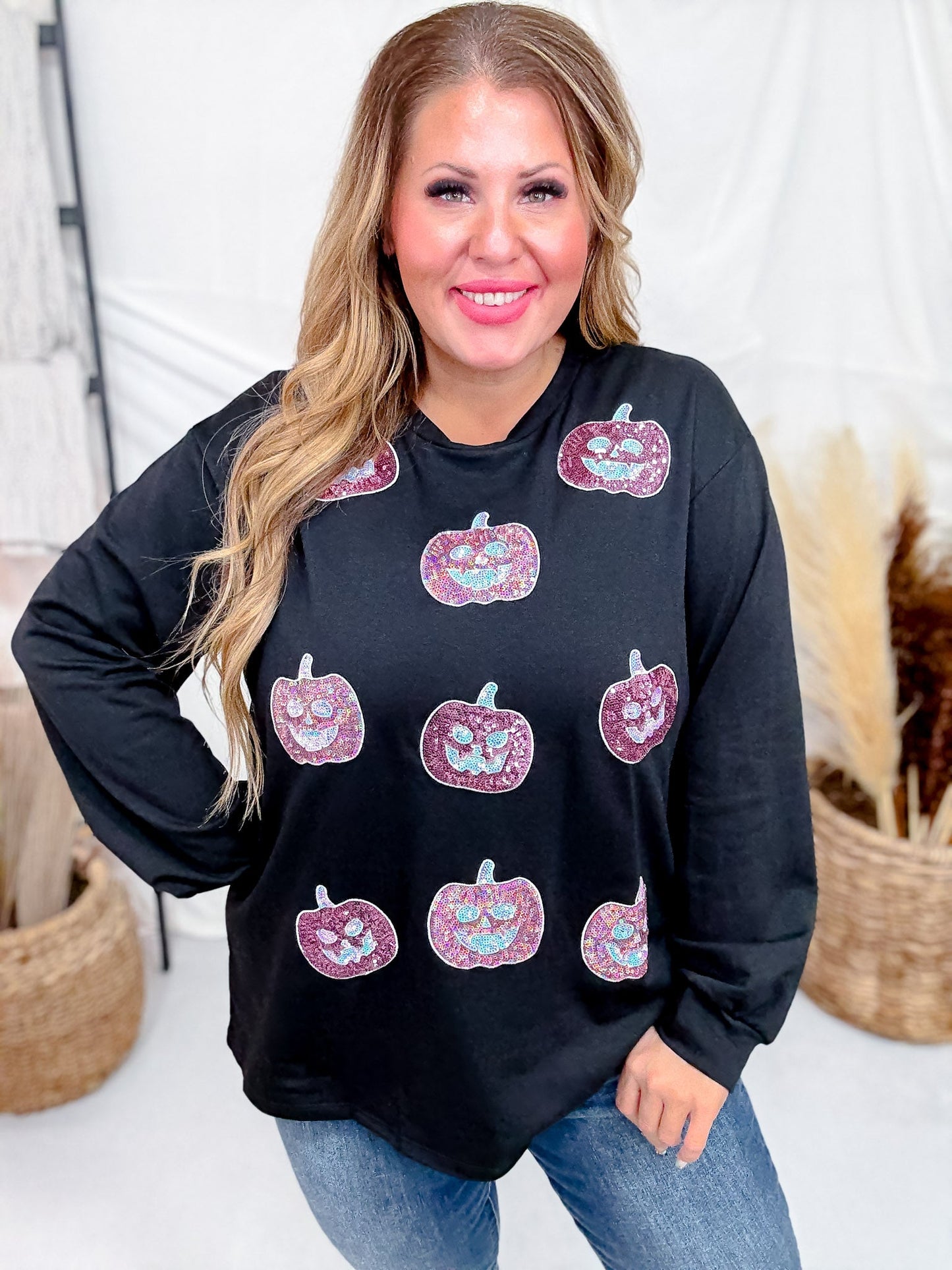Black Long Sleeve Crew Neck Top W/ Glittery Pumpkin Patches - Whiskey Skies - SOUTHERN GRACE