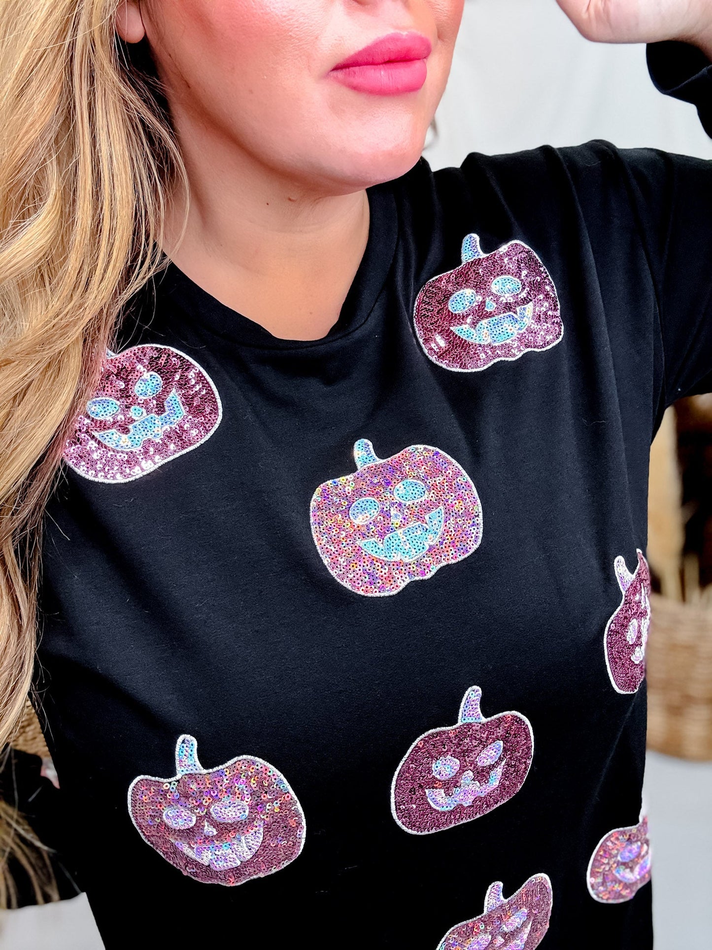 Black Long Sleeve Crew Neck Top W/ Glittery Pumpkin Patches - Whiskey Skies - SOUTHERN GRACE
