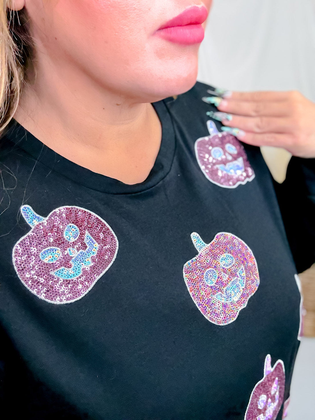 Black Long Sleeve Crew Neck Top W/ Glittery Pumpkin Patches - Whiskey Skies - SOUTHERN GRACE