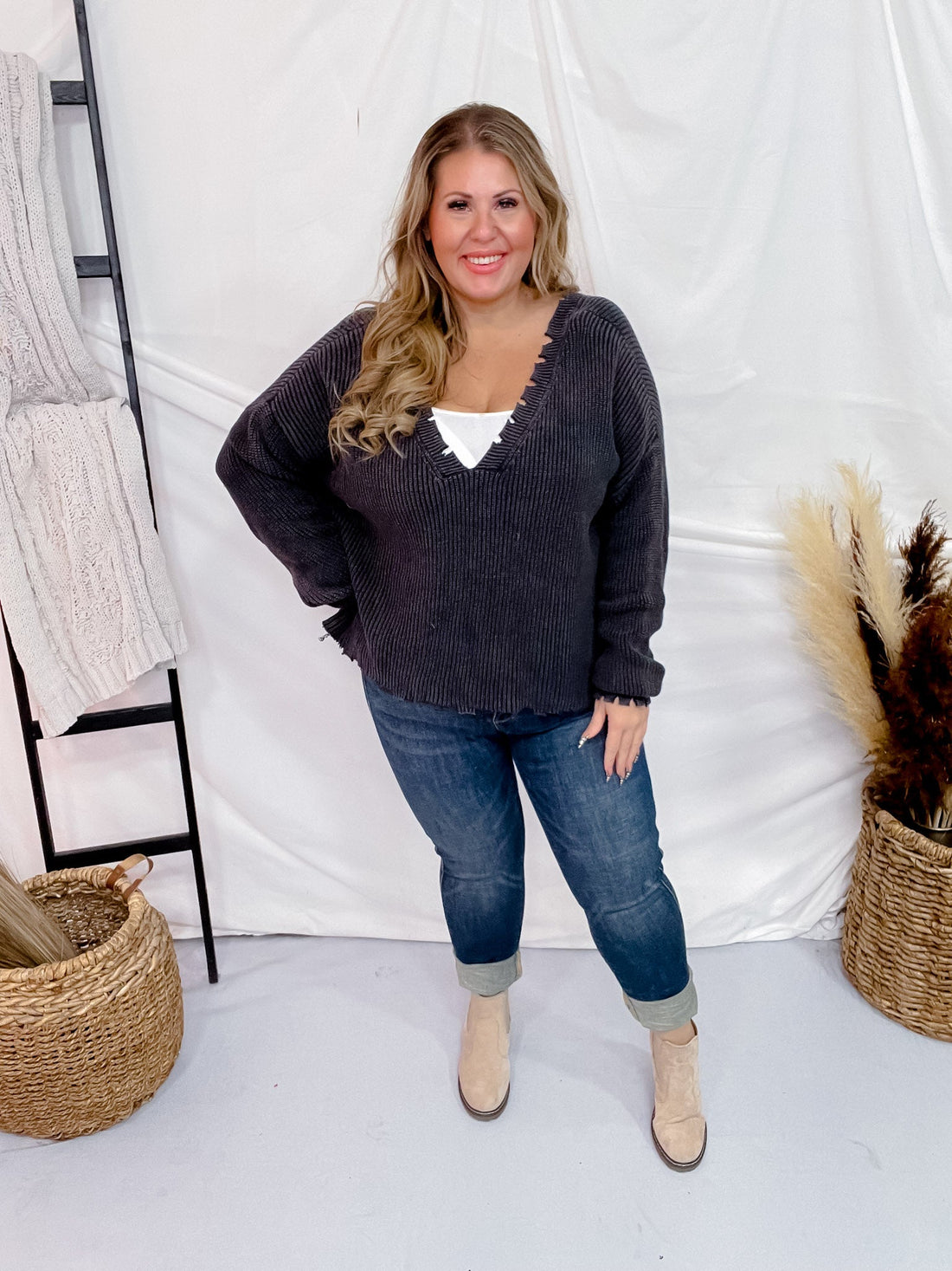 Black Long Sleeve Distressed Sweater - Whiskey Skies - KORI AMERICA