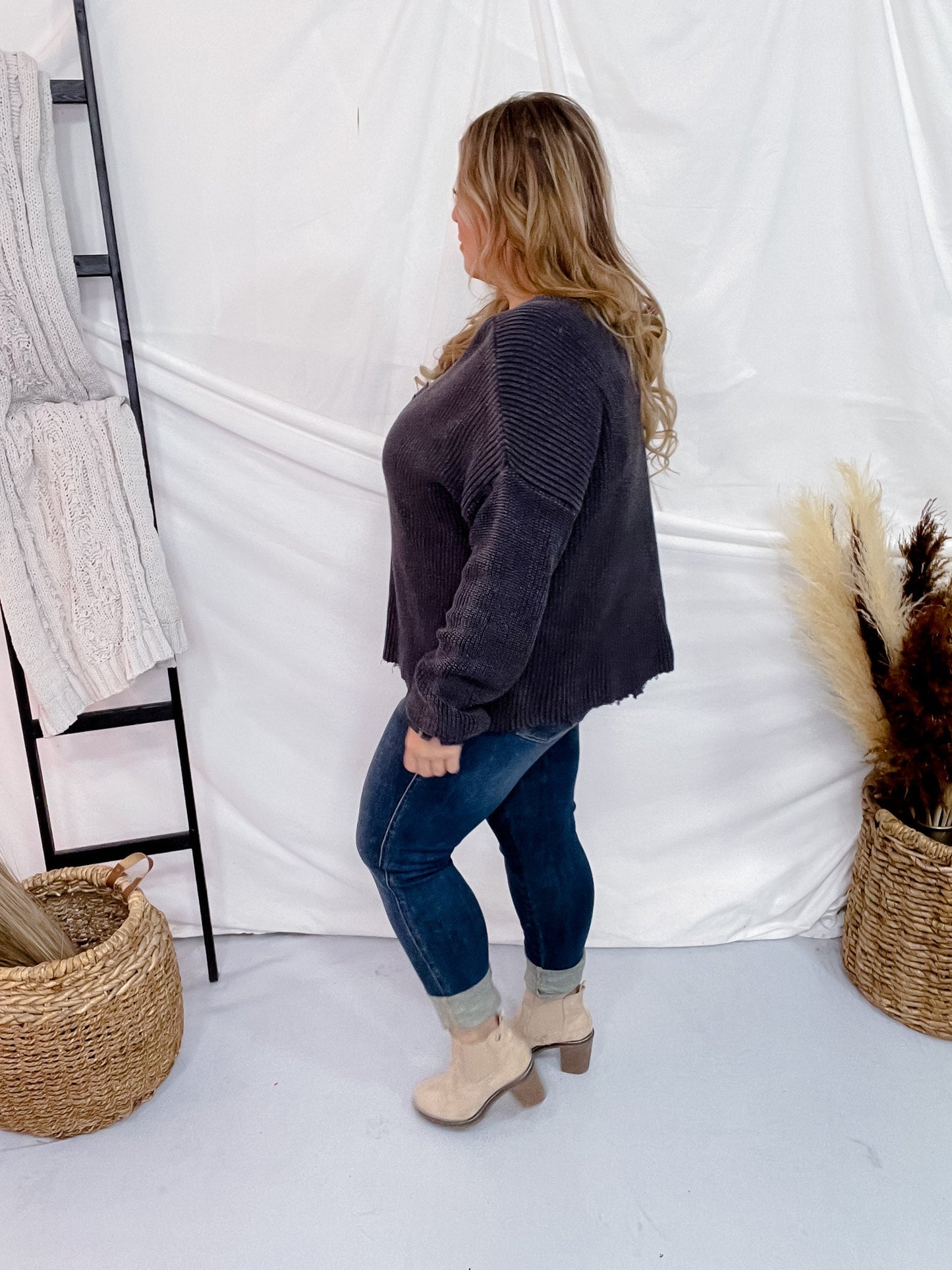 Black Long Sleeve Distressed Sweater - Whiskey Skies - KORI AMERICA