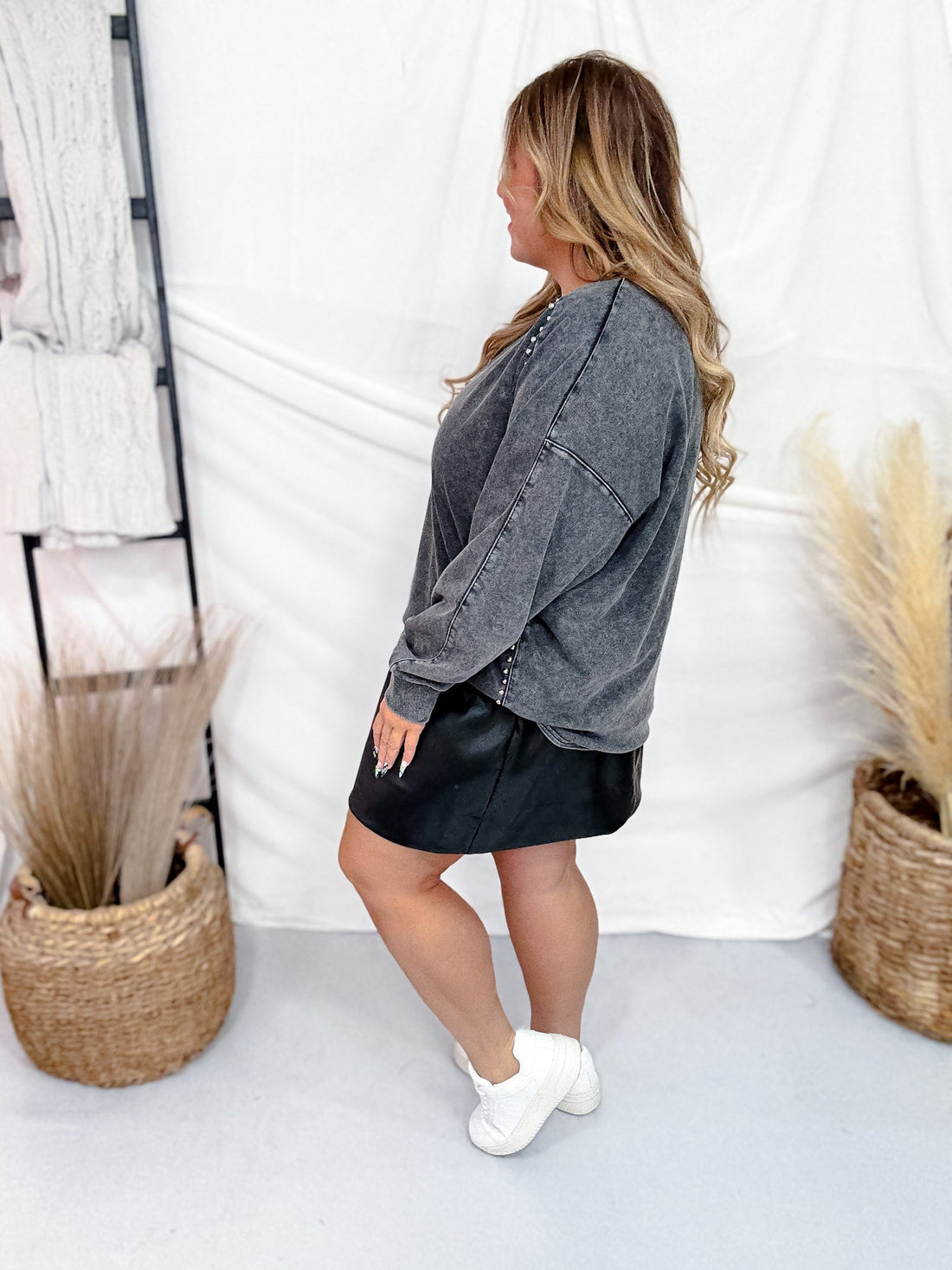 Black Long Sleeve Pullover W/ Pearl Stud Details - Whiskey Skies - WHITE BIRCH