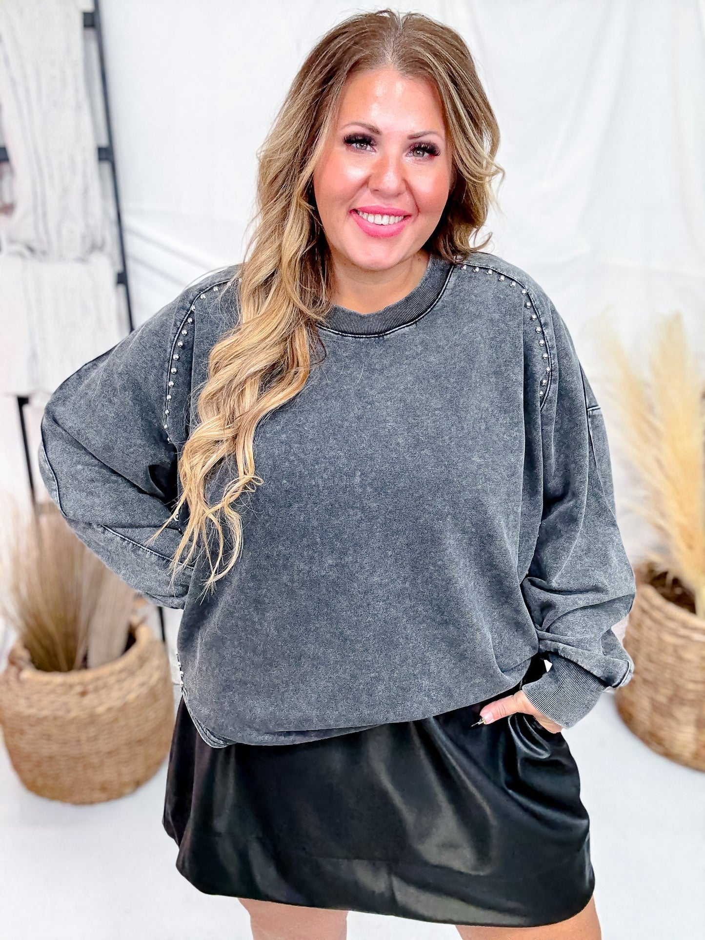 Black Long Sleeve Pullover W/ Pearl Stud Details - Whiskey Skies - WHITE BIRCH