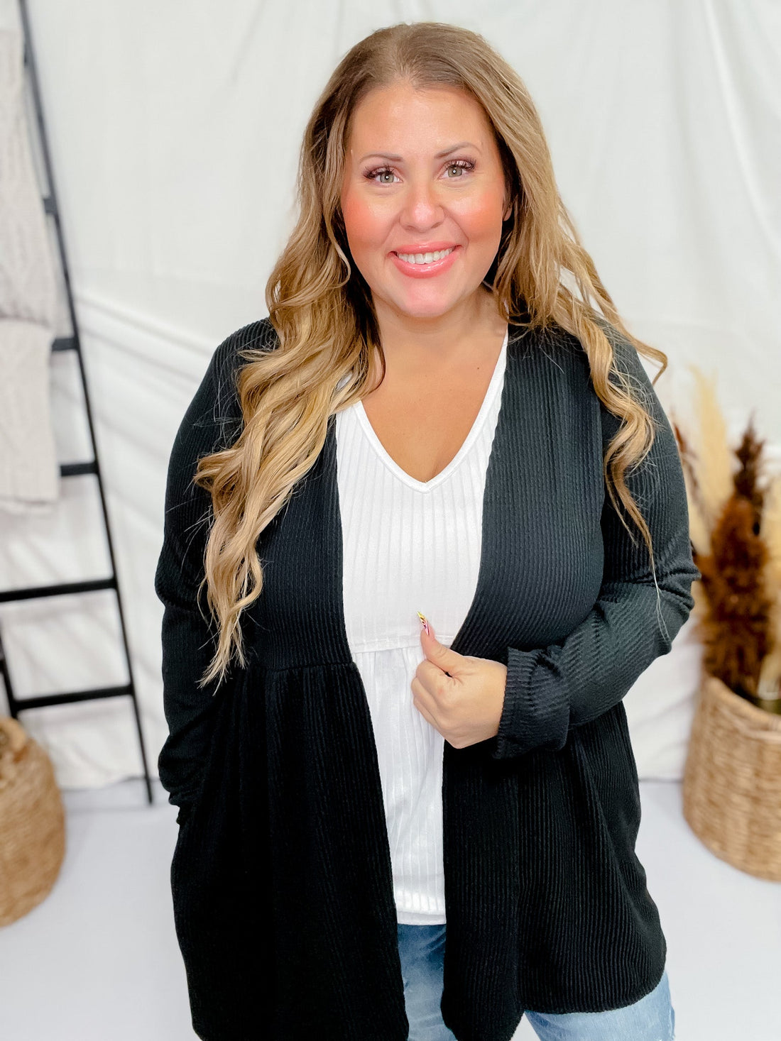 Black Long Sleeve Ribbed Knit Open Front Cardigan - Whiskey Skies - HEIMISH