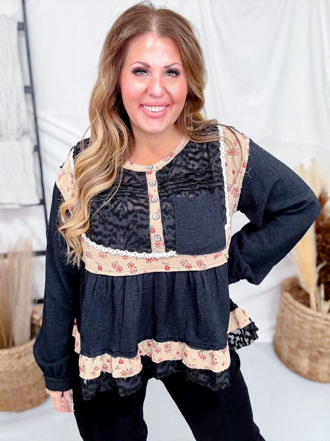 Black Long Sleeve Round Neck Textured Woven Pintuck Detail Top - Whiskey Skies - POL CLOTHING INC.