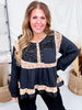 Black Long Sleeve Round Neck Textured Woven Pintuck Detail Top - Whiskey Skies - POL CLOTHING INC.