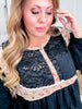 Black Long Sleeve Round Neck Textured Woven Pintuck Detail Top - Whiskey Skies - POL CLOTHING INC.