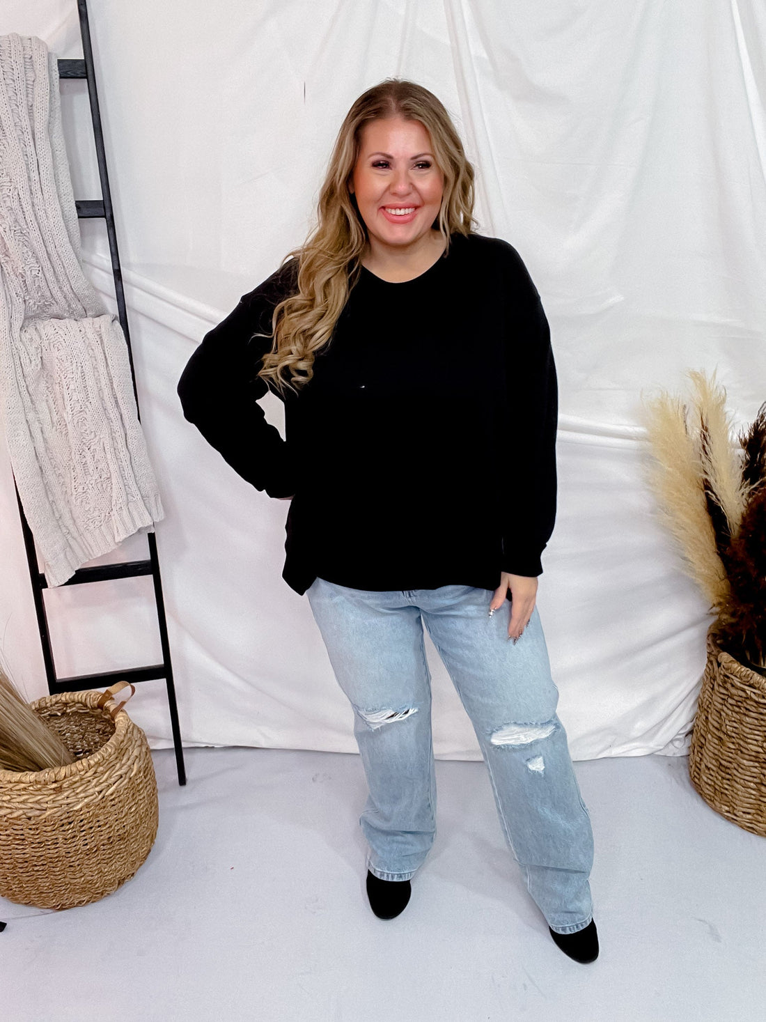 Black Long Sleeve Rounded Neck Sweater - Whiskey Skies - SEW IN LOVE