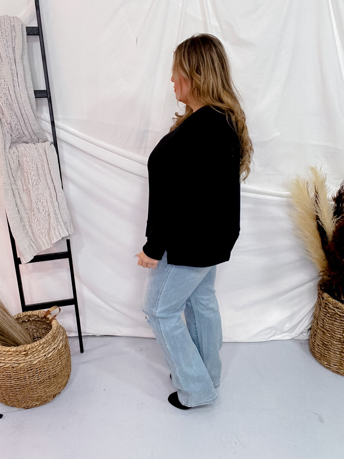 Black Long Sleeve Rounded Neck Sweater - Whiskey Skies - SEW IN LOVE