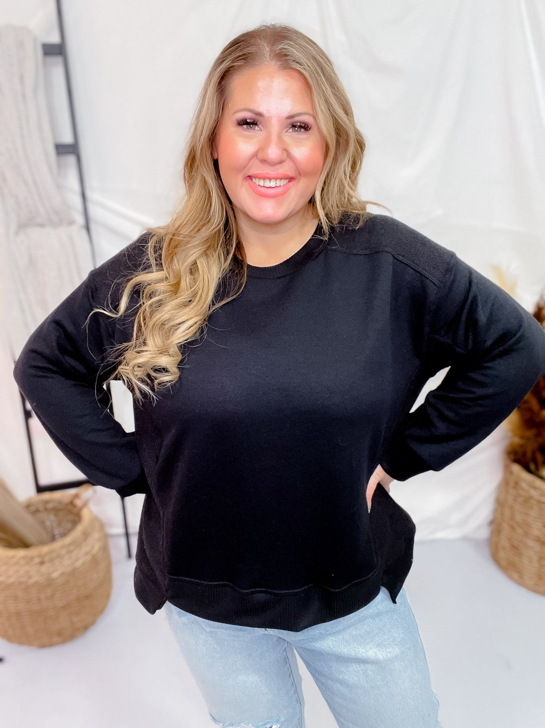 Black Long Sleeve Rounded Neck Sweater - Whiskey Skies - SEW IN LOVE