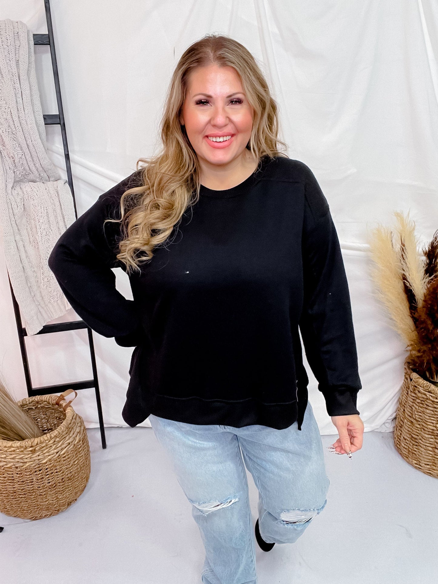 Black Long Sleeve Rounded Neck Sweater - Whiskey Skies - SEW IN LOVE