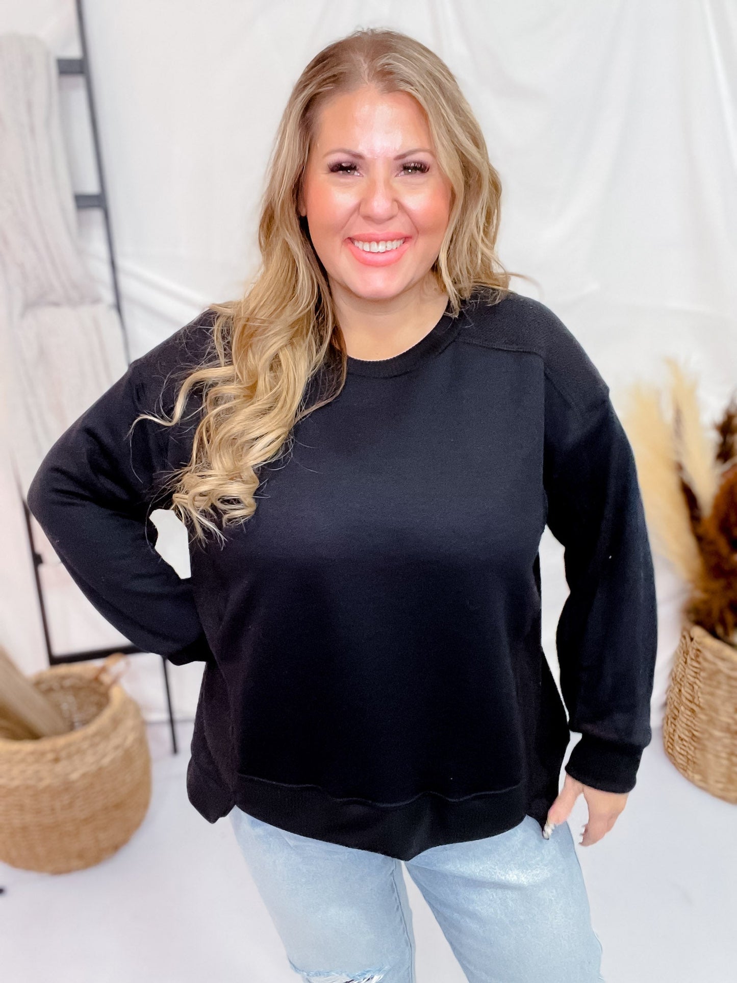 Black Long Sleeve Rounded Neck Sweater - Whiskey Skies - SEW IN LOVE