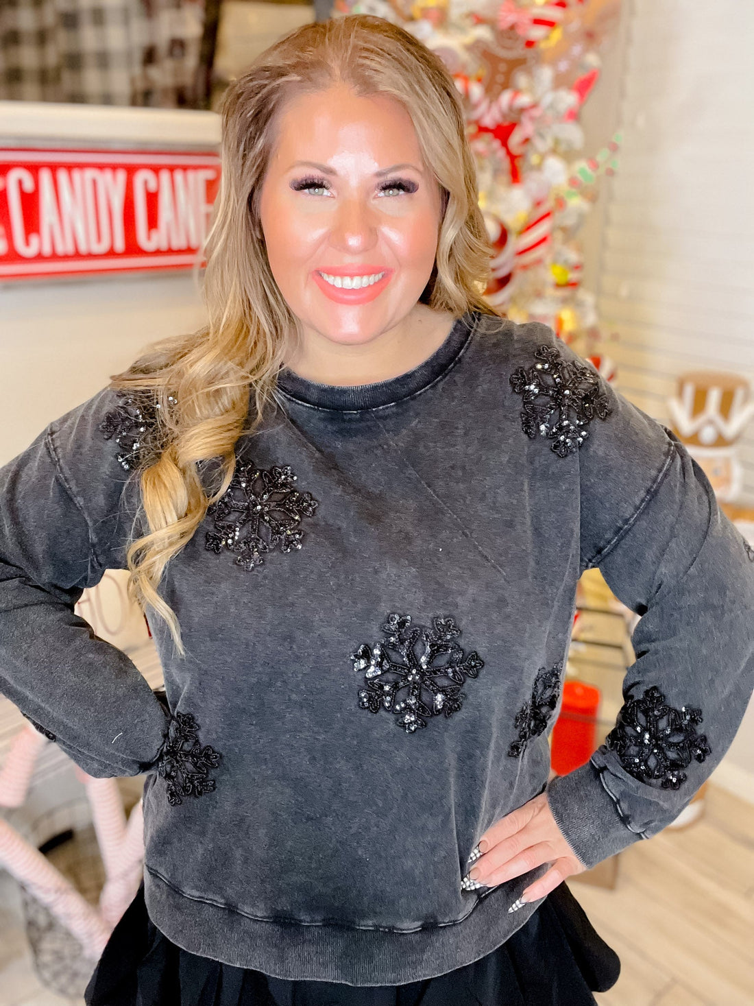 Black Long Sleeve Sequin Snowflake Top - Whiskey Skies - WHITE BIRCH