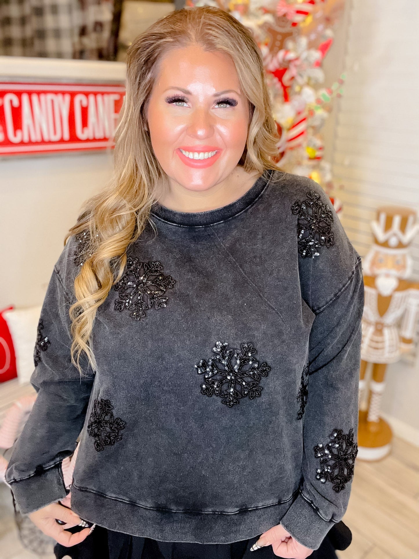 Black Long Sleeve Sequin Snowflake Top - Whiskey Skies - WHITE BIRCH