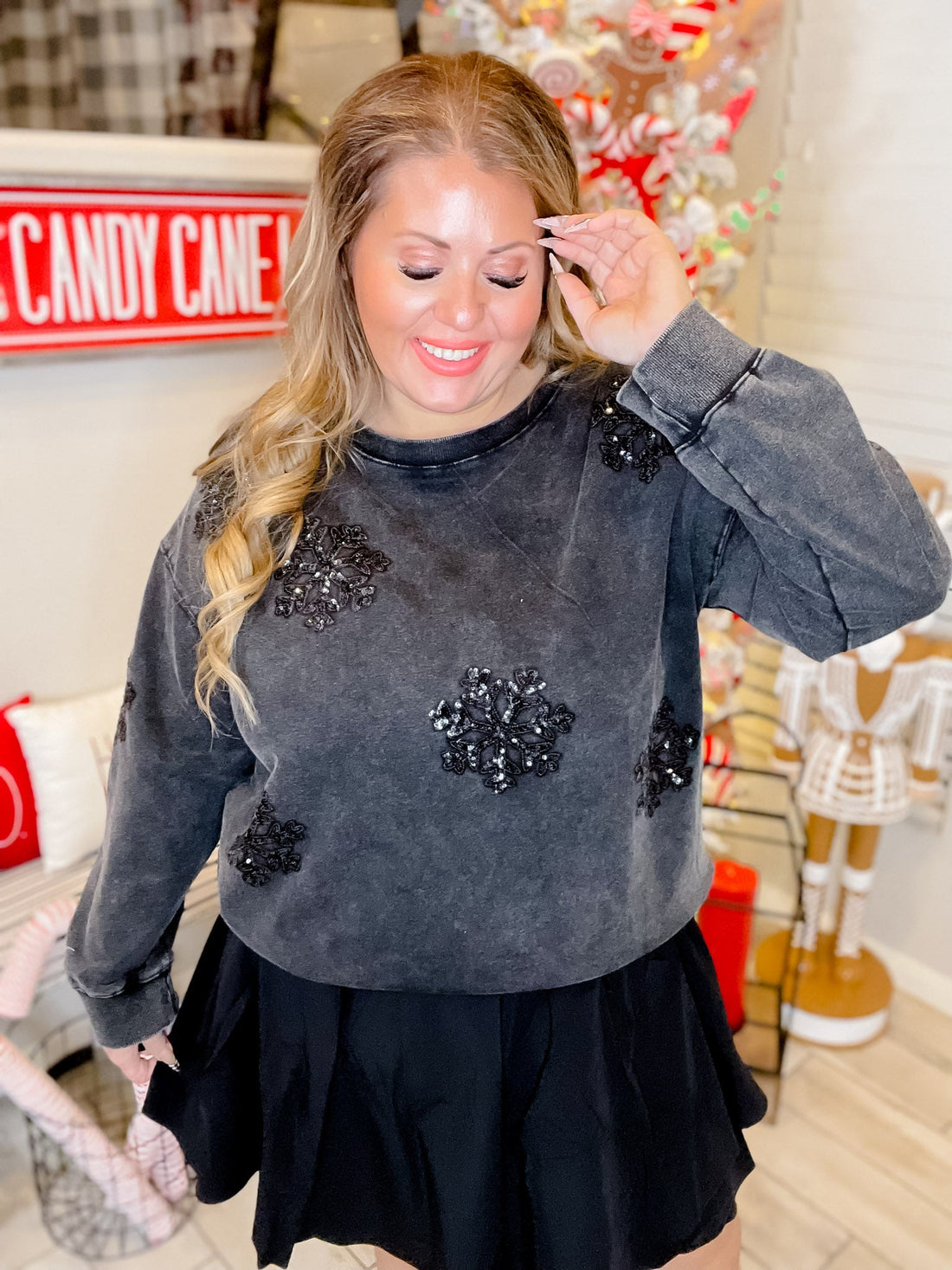 Black Long Sleeve Sequin Snowflake Top - Whiskey Skies - WHITE BIRCH