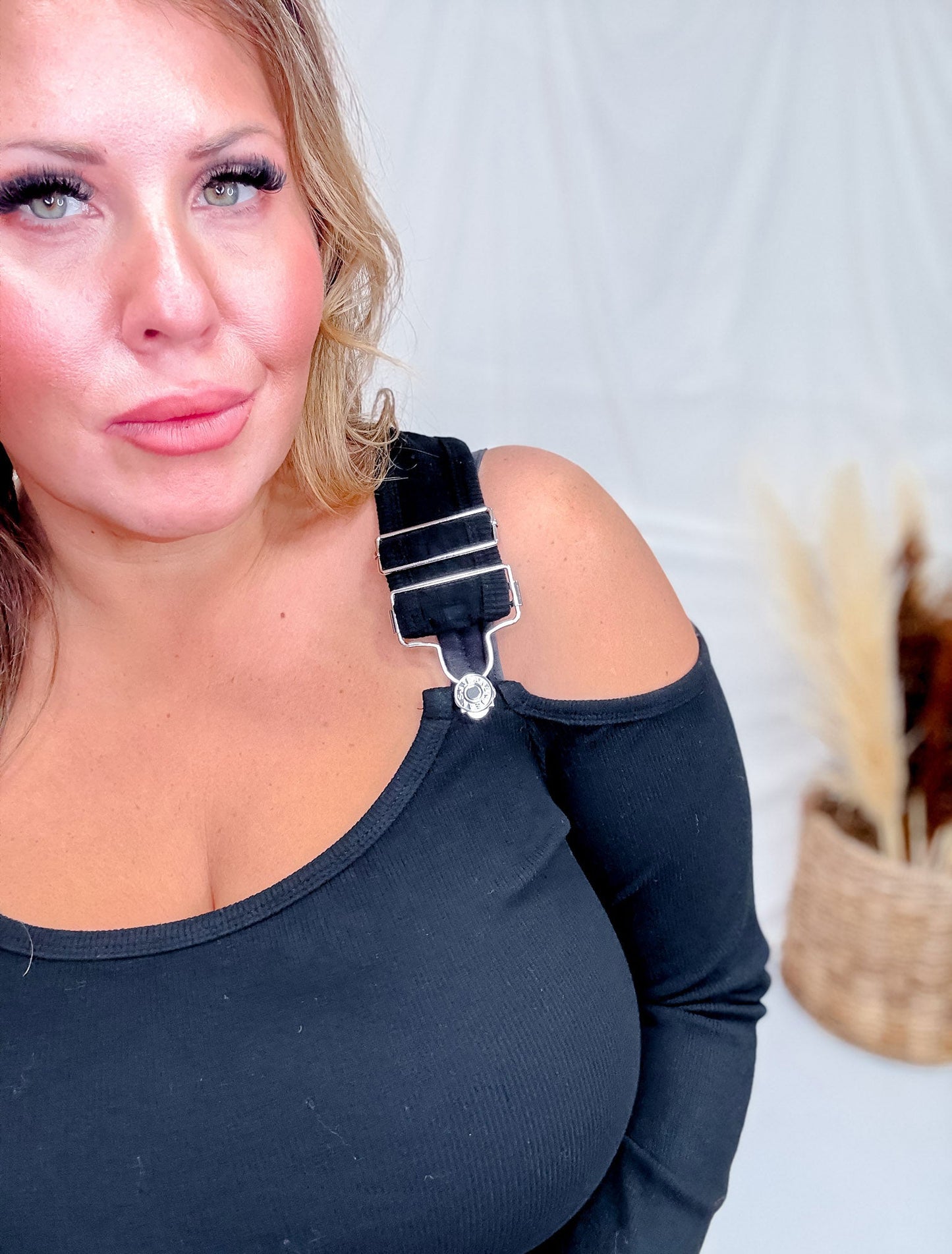 Black Long Sleeve Top With Overall Straps - Whiskey Skies - WHITE BIRCH