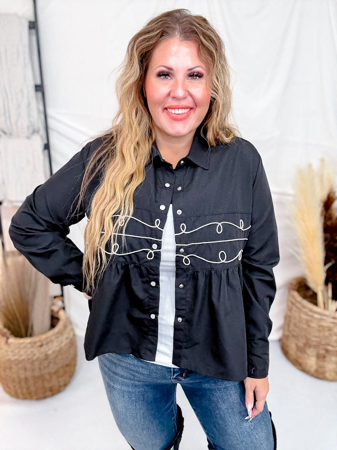 Black Loopty Lou Long Sleeve Top With Western Embroidery - Whiskey Skies - 2 FLY CO.
