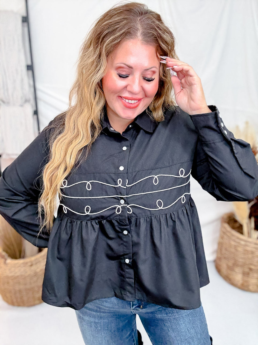 Black Loopty Lou Long Sleeve Top With Western Embroidery - Whiskey Skies - 2 FLY CO.