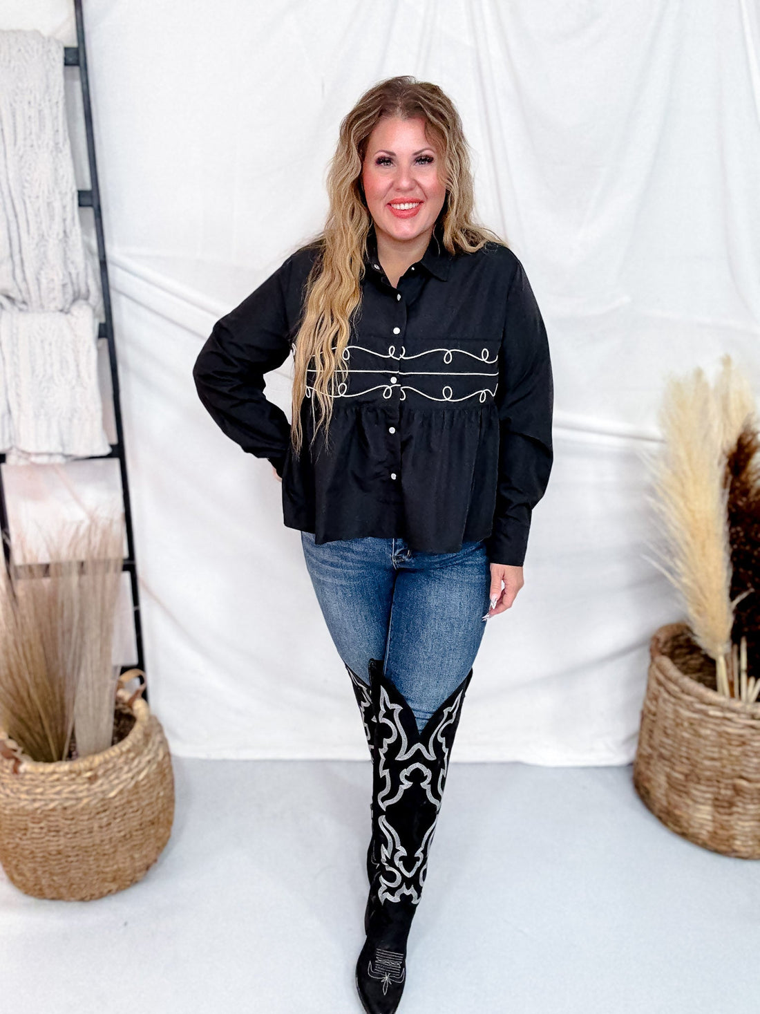 Black Loopty Lou Long Sleeve Top With Western Embroidery - Whiskey Skies - 2 FLY CO.