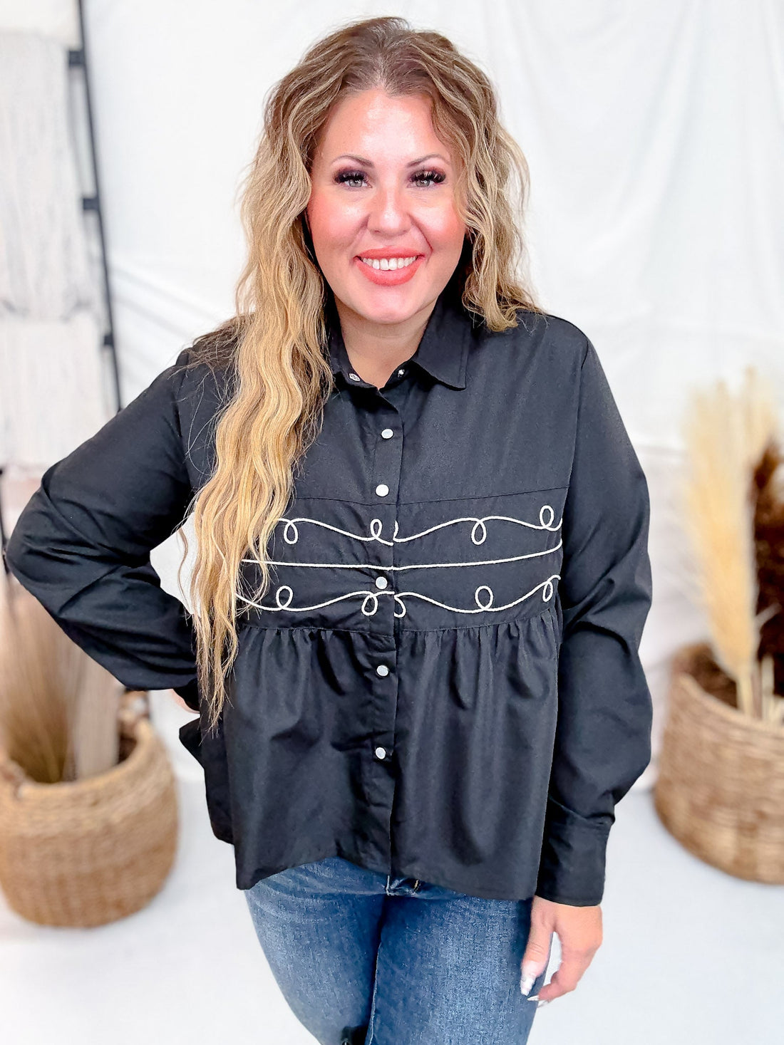 Black Loopty Lou Long Sleeve Top With Western Embroidery - Whiskey Skies - 2 FLY CO.