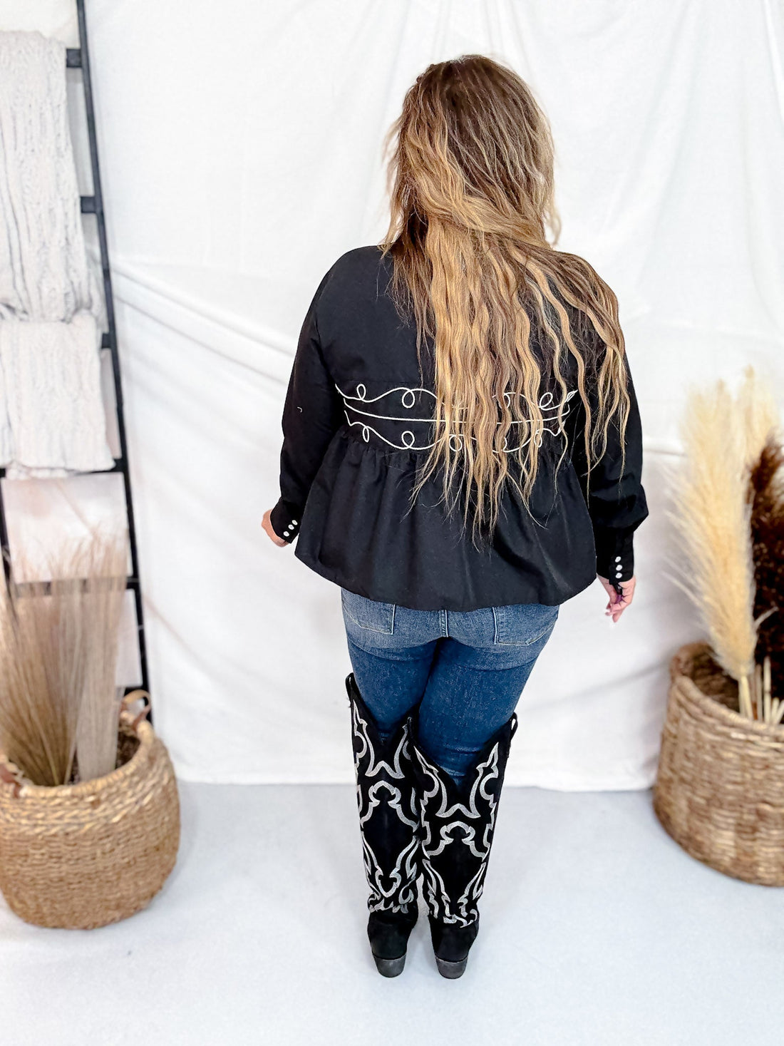 Black Loopty Lou Long Sleeve Top With Western Embroidery - Whiskey Skies - 2 FLY CO.
