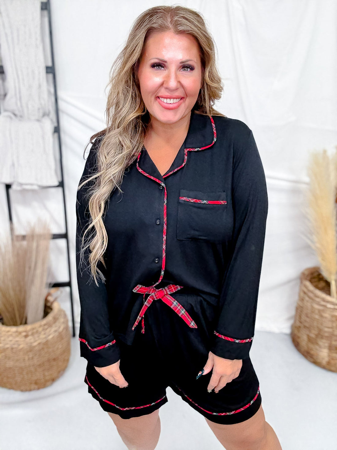 Black Loungewear Set With Red Plaid Piping - Whiskey Skies - SHE + SKY