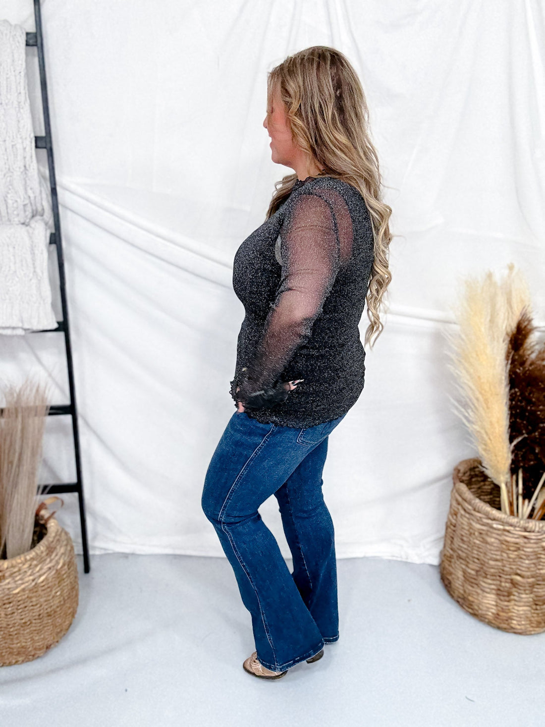 Black Lurex Long Sleeve Mesh Top - Whiskey Skies - SWEET GENERIS