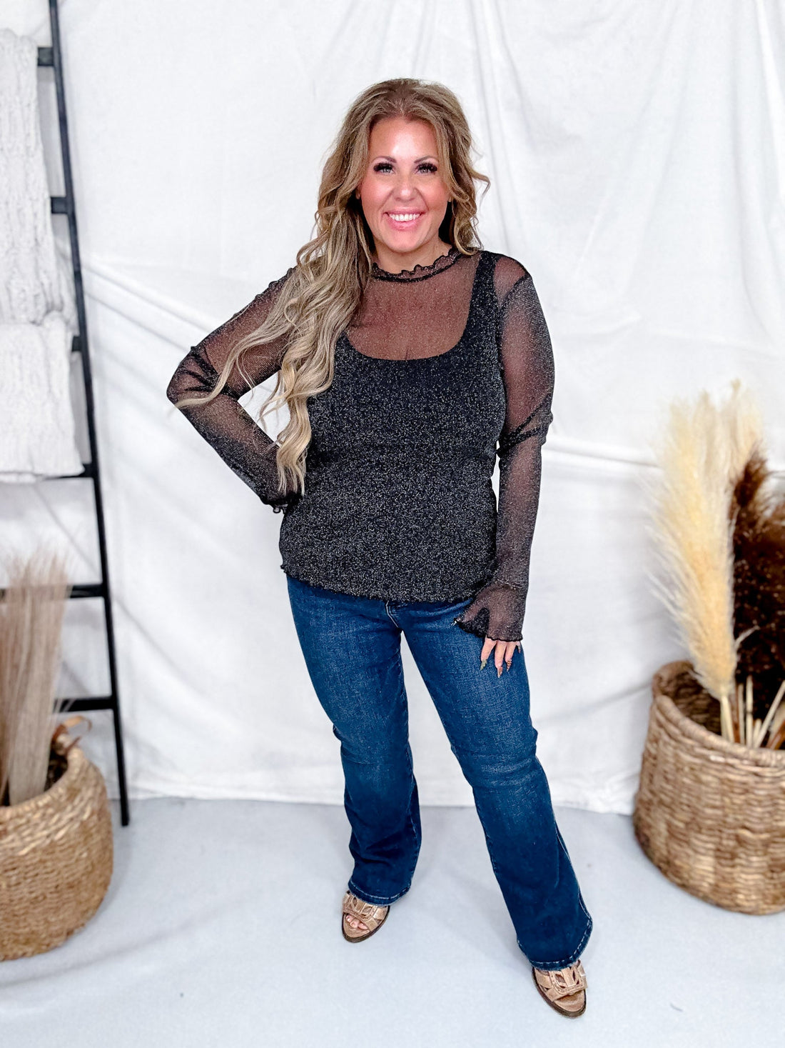 Black Lurex Long Sleeve Mesh Top - Whiskey Skies - SWEET GENERIS