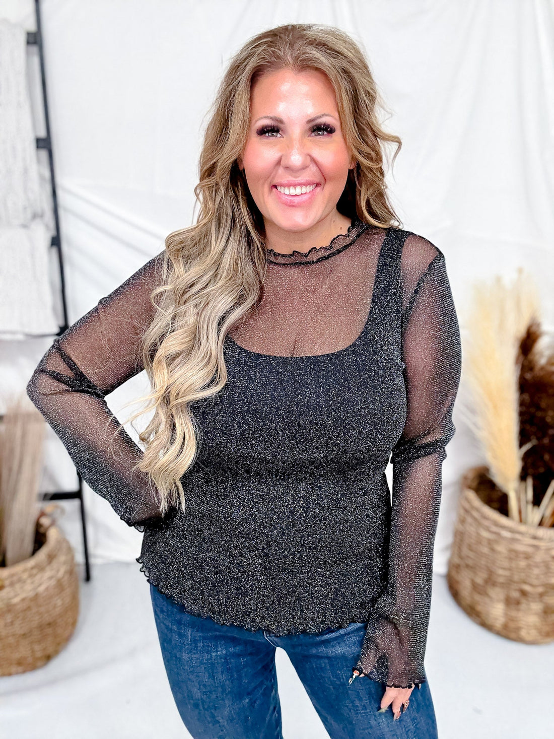 Black Lurex Long Sleeve Mesh Top - Whiskey Skies - SWEET GENERIS