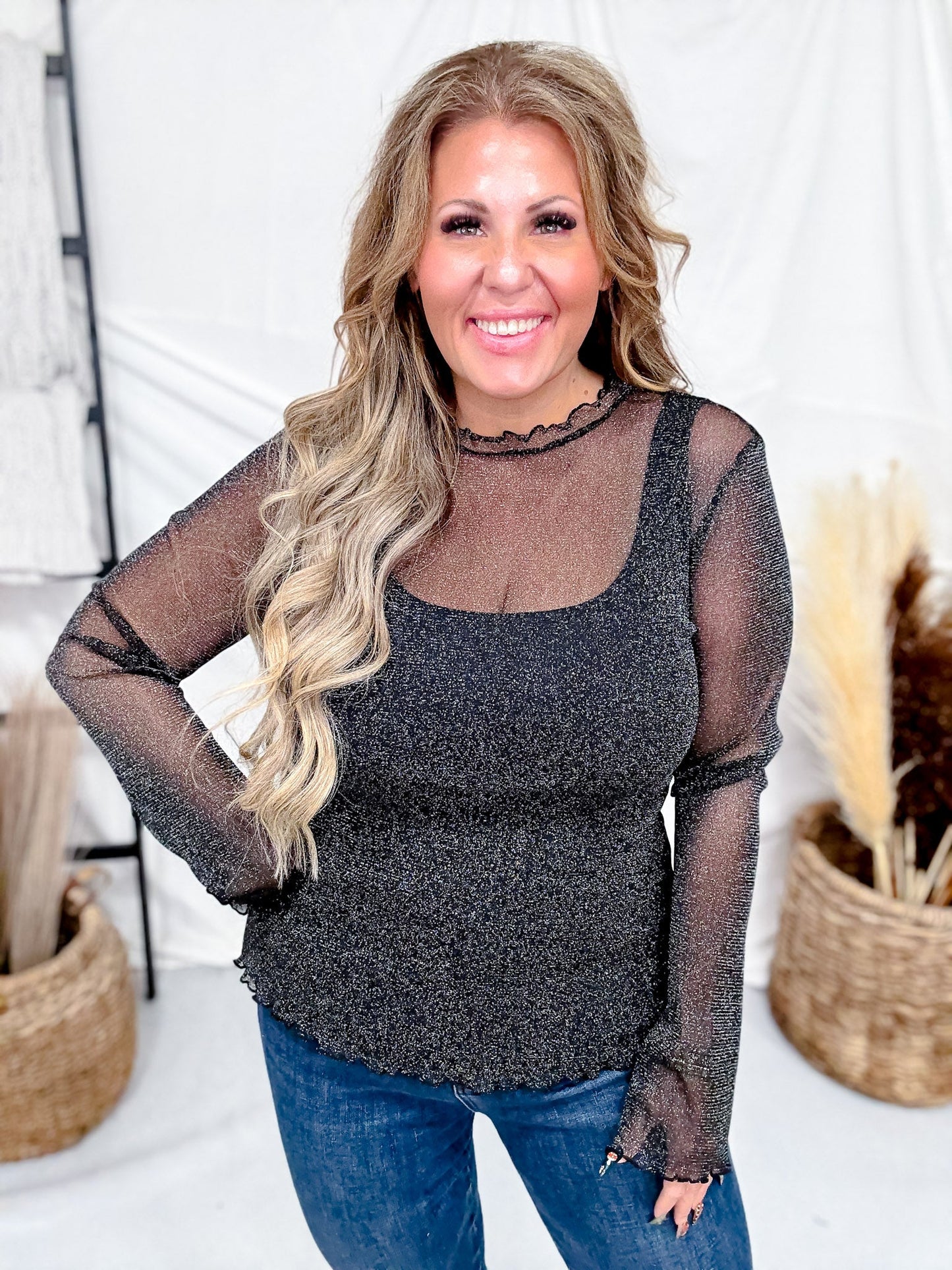 Black Lurex Long Sleeve Mesh Top - Whiskey Skies - SWEET GENERIS