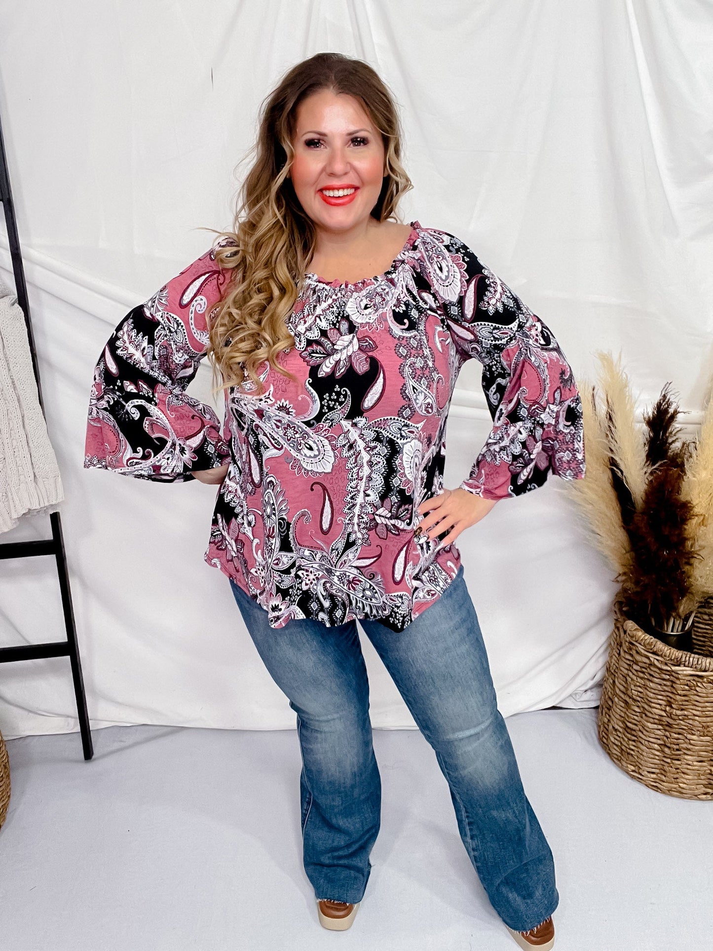 Black & Mauve Paisley Elastic Neckline Nashville Top - Whiskey Skies - DEAR SCARLETT