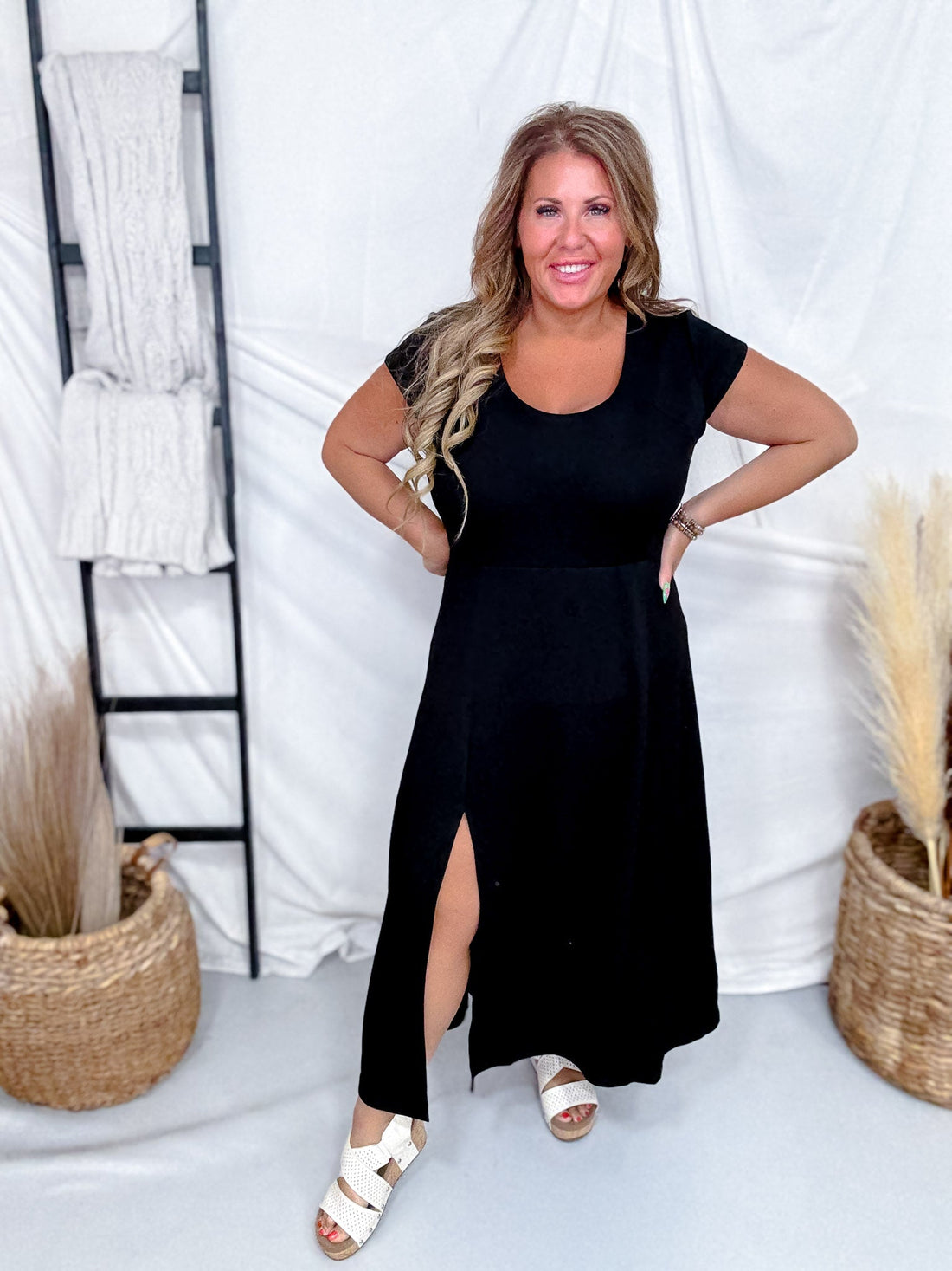 Black Maxi Dress With Cap Sleeves & High Slit - Whiskey Skies - COZY CO