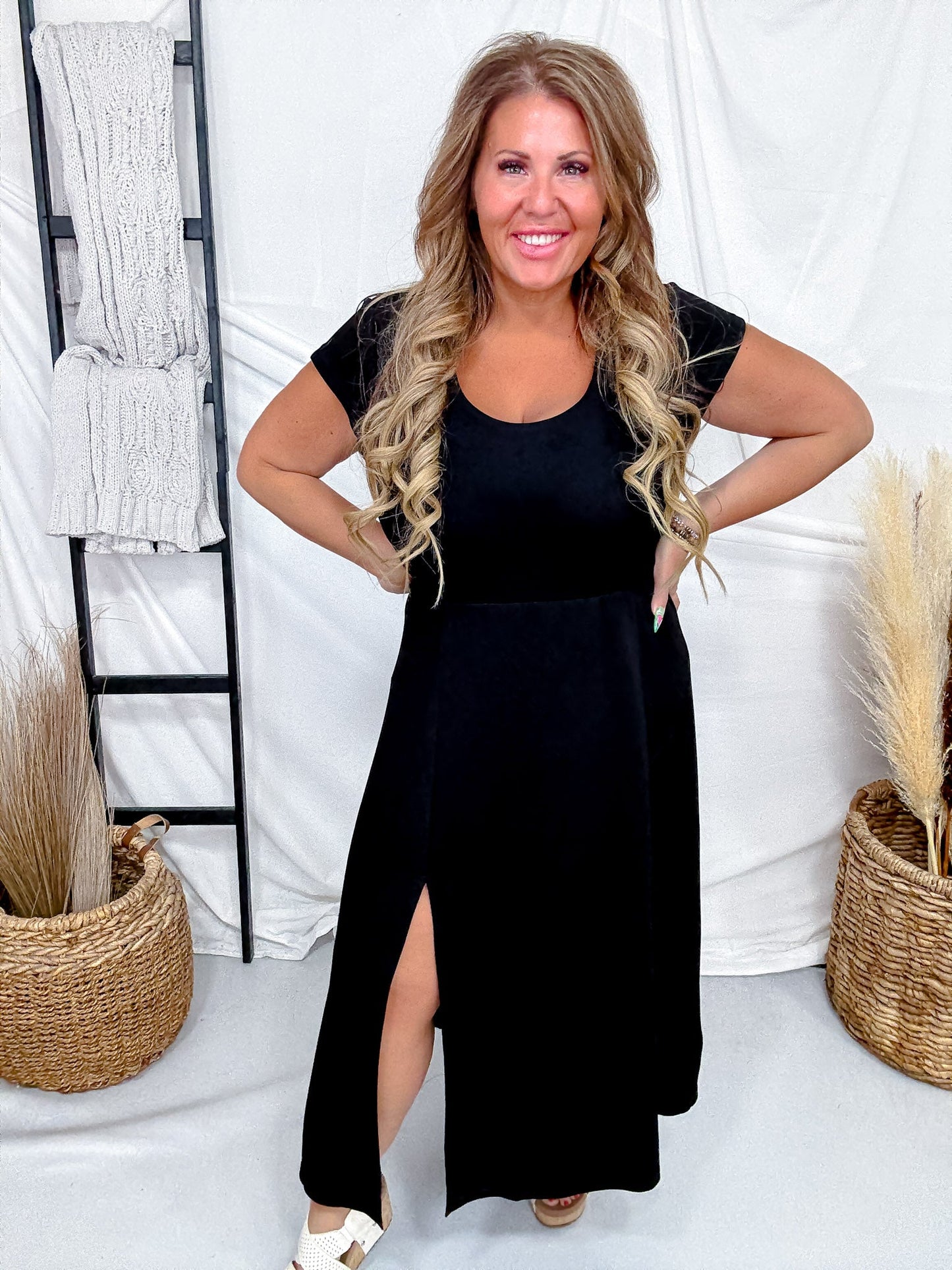 Black Maxi Dress With Cap Sleeves & High Slit - Whiskey Skies - COZY CO