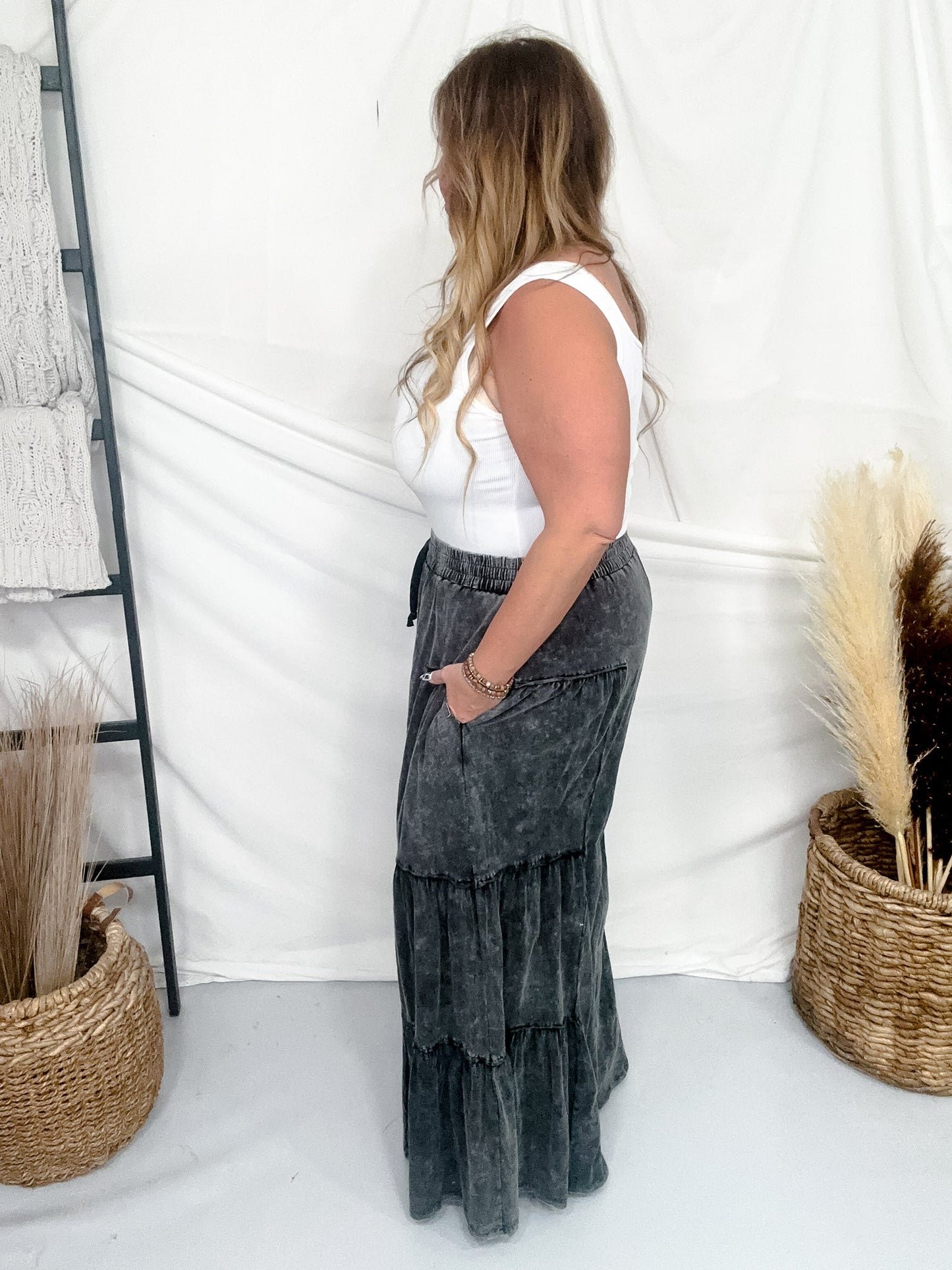 Black Mineral Washed Tiered Wide Leg Pants - Whiskey Skies - OLI & HALI