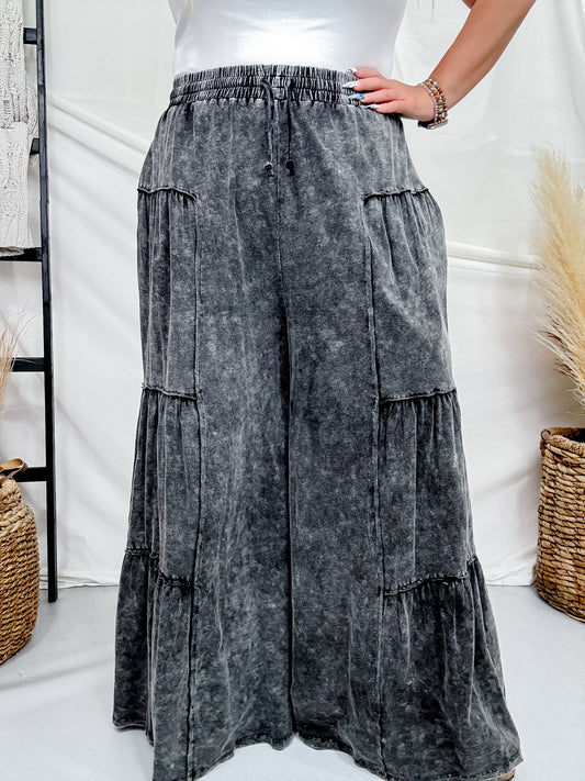 Black Mineral Washed Tiered Wide Leg Pants - Whiskey Skies - OLI & HALI
